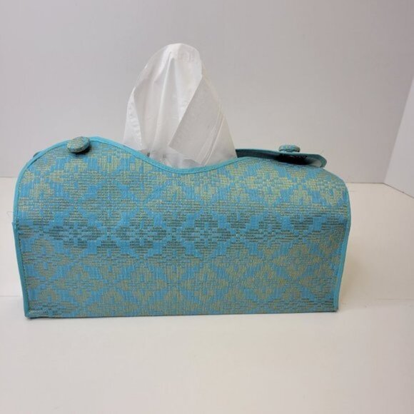 Unique Home Accent Tissue Box Holder Blue and Gold Songket Tissue Box Cover - Picture 7 of 11